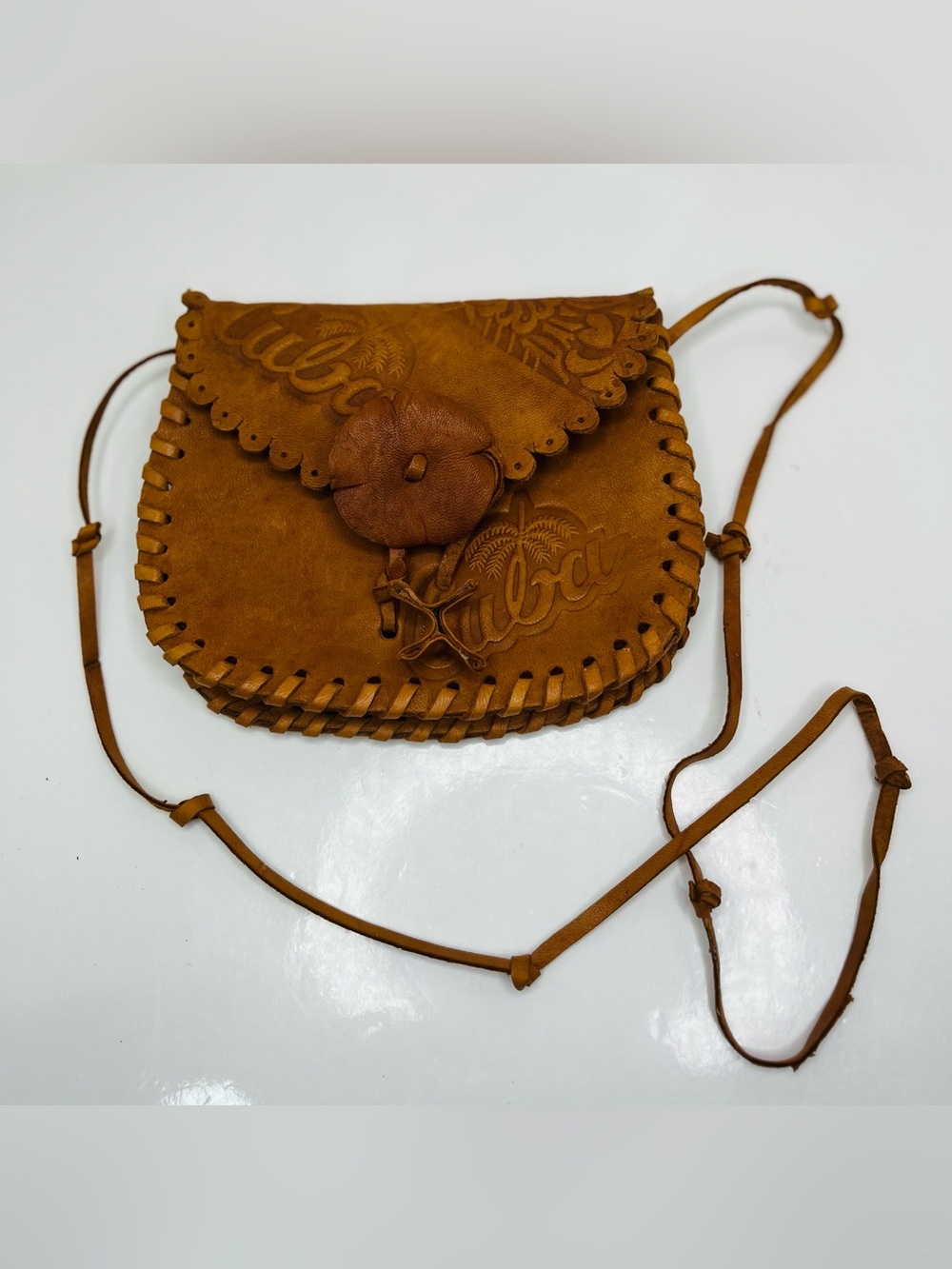 Vintage Handcrafted Cubs tooled leather crossbody bag embossed palm tree